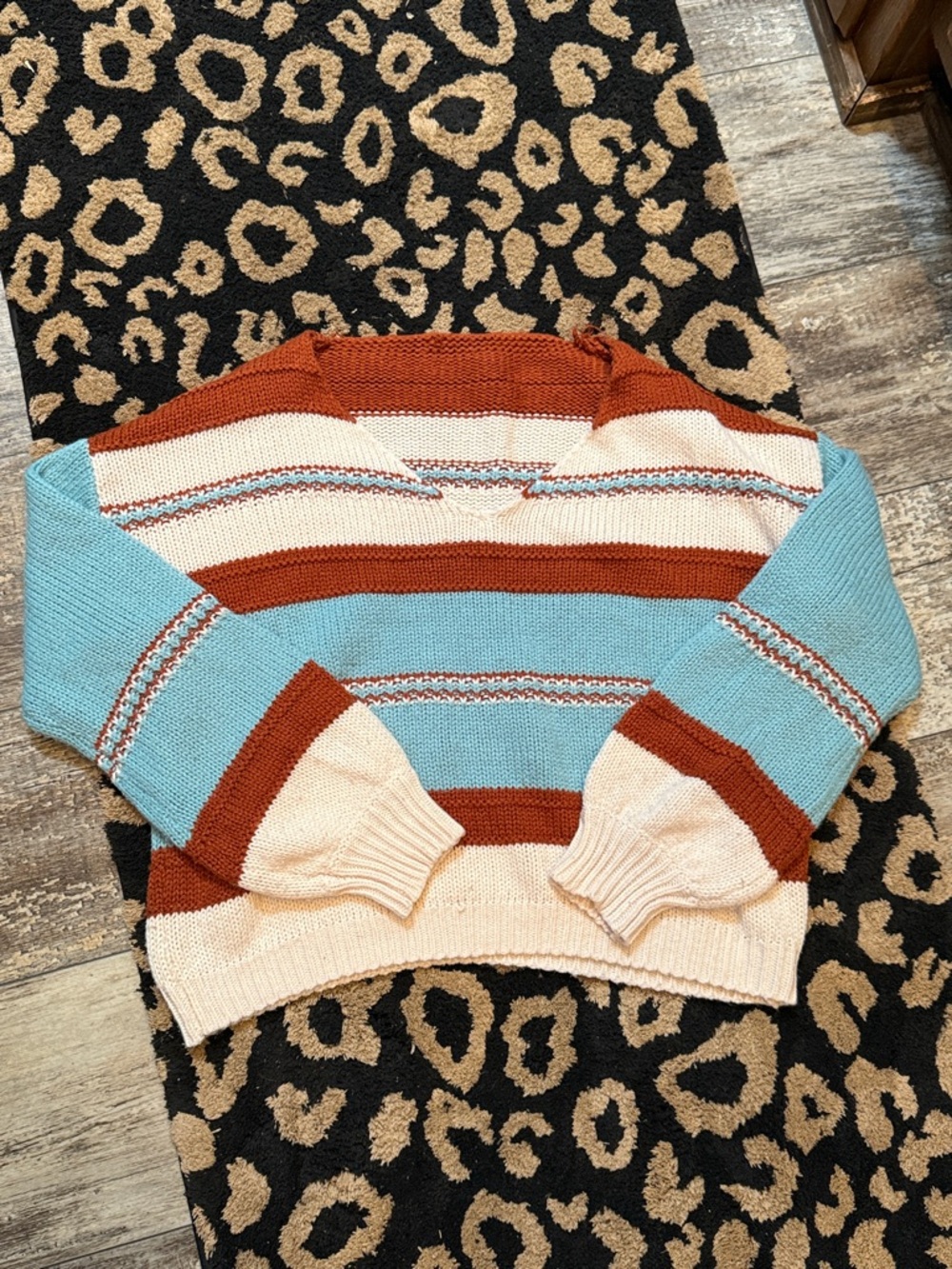 Striped Boho V-Neck Knit Sweater in Blue, Rust and Cream